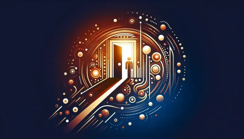 Abstract digital illustration of a person entering a doorway surrounded by futuristic patterns and technology elements, symbolizing innovation and new opportunities.