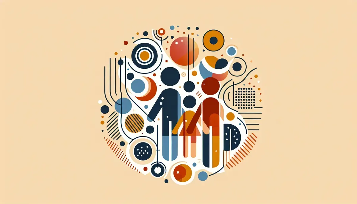 Abstract illustration representing a family with geometric shapes and colorful patterns, symbolizing unity and diversity