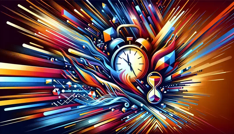 Vibrant abstract illustration featuring a clock and hourglass, symbolizing time management and the dynamic passage of time
