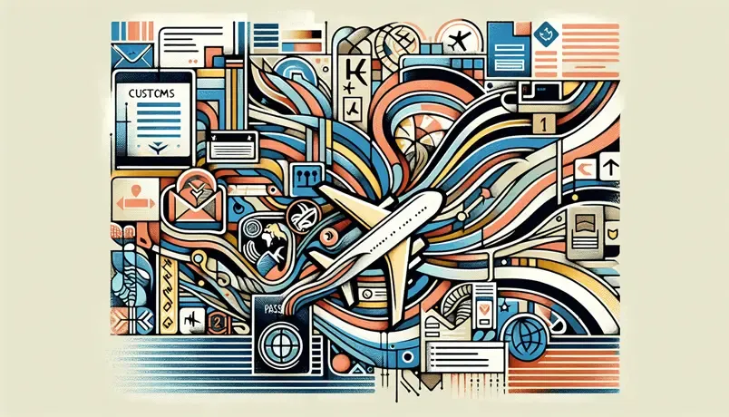 Abstract illustration of an airplane surrounded by travel-related icons, documents, and colorful lines representing movement, travel, and global connectivity
