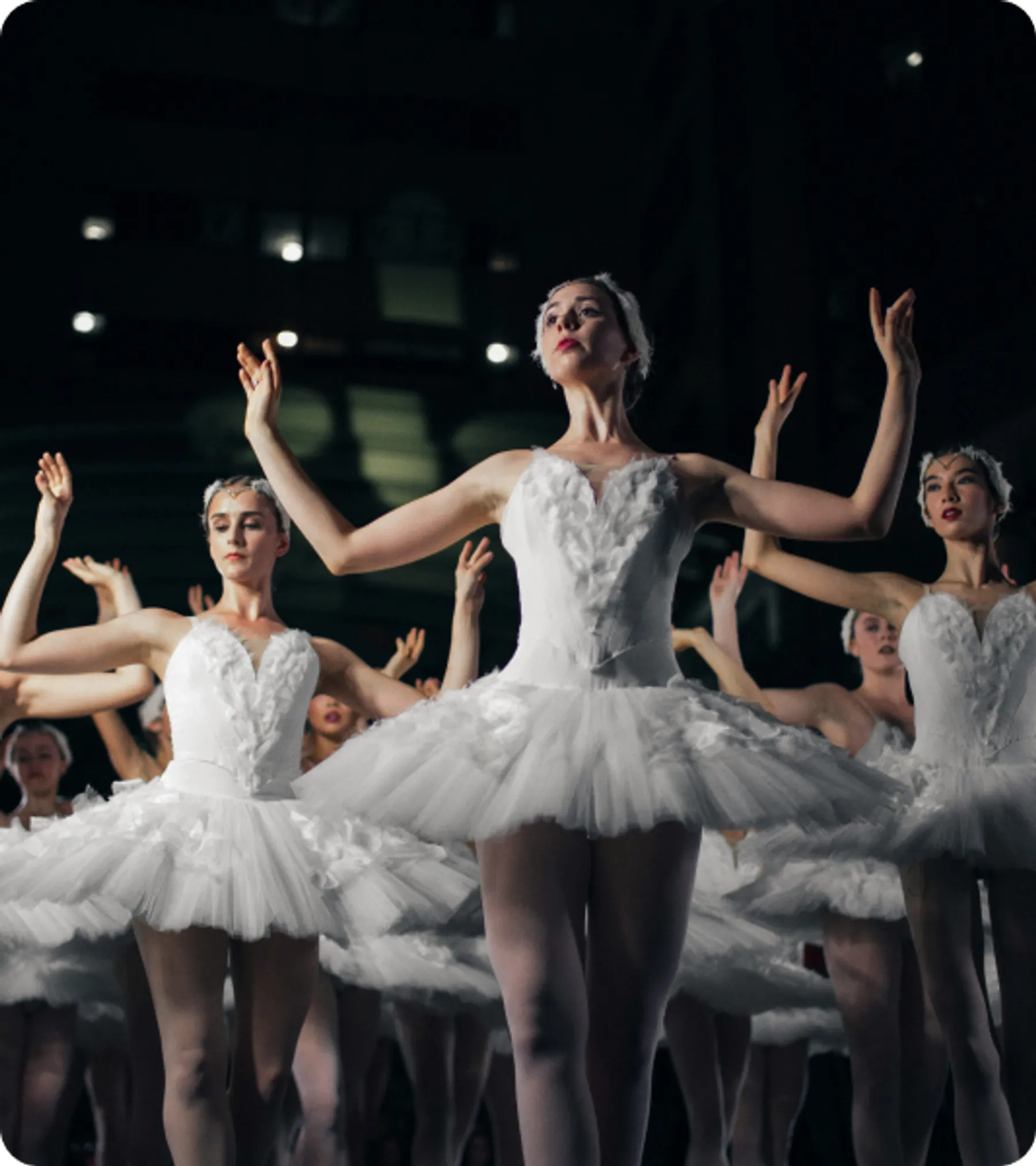 Group of ballet dancers performing in white tutus, representing applicants for the UK Artist and Entertainer Visa