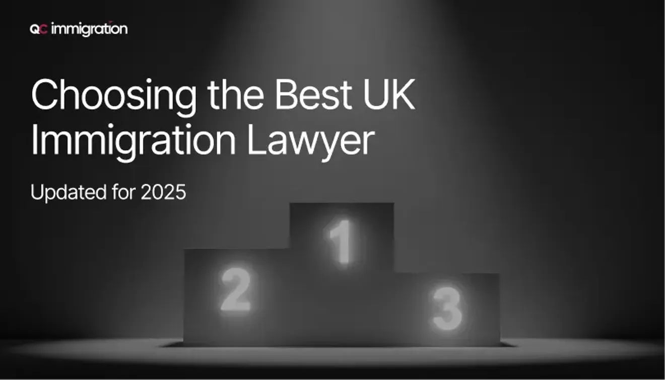 Graphic with podium and spotlight titled "Choosing the Best UK Immigration Lawyer — Updated for 2025