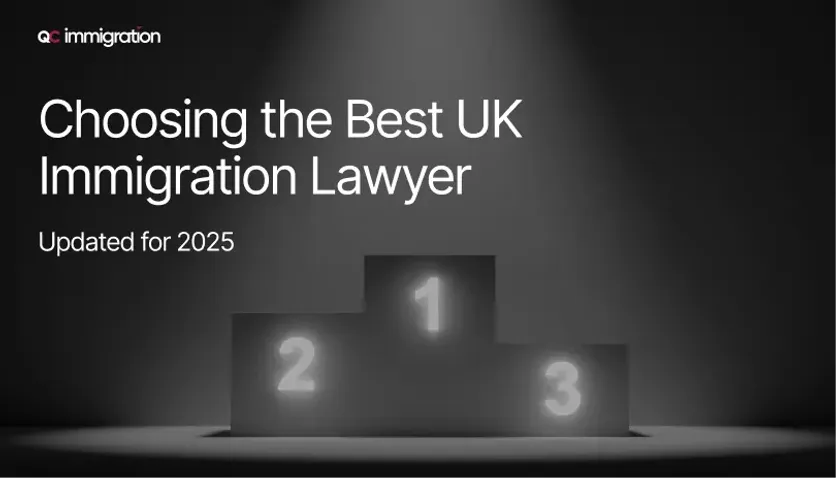 Graphic with podium and spotlight titled "Choosing the Best UK Immigration Lawyer — Updated for 2025