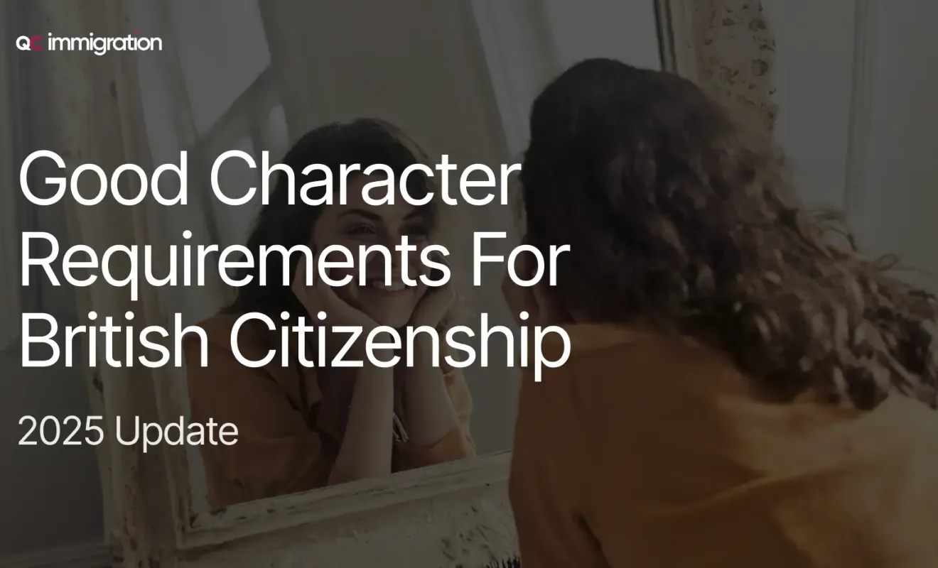 Slide titled “Good Character Requirements for British Citizenship – 2025 Update” with woman looking in mirror