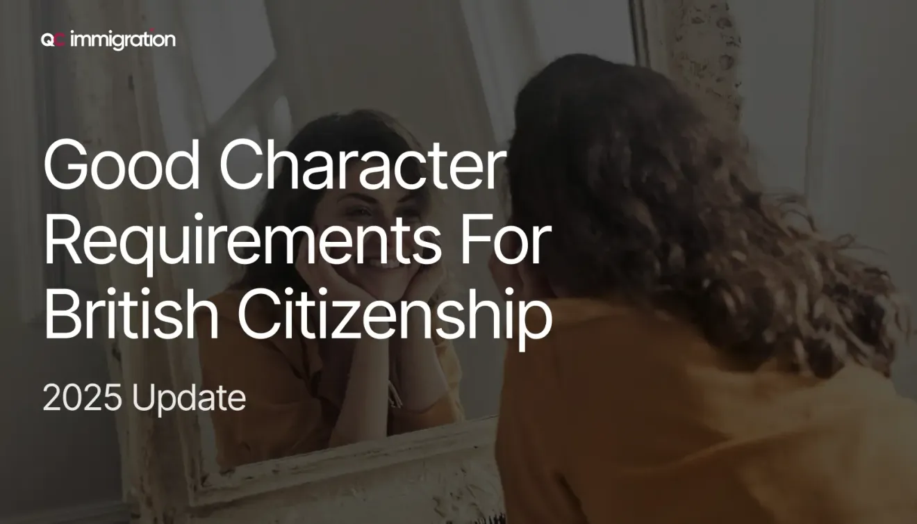 Slide titled “Good Character Requirements for British Citizenship – 2025 Update” with woman looking in mirror