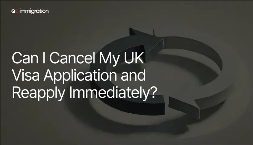 Graphic with circular arrows and the question “Can I Cancel My UK Visa Application and Reapply Immediately?”