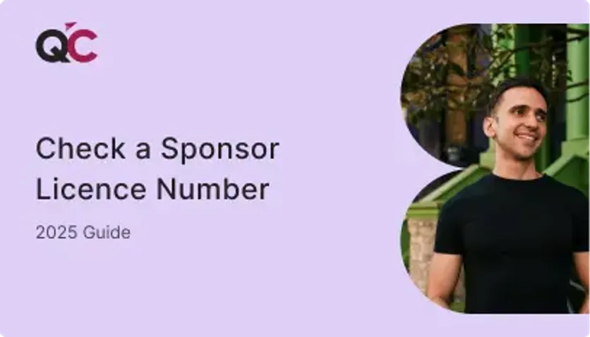 QC Immigration 2025 guide cover on how to check a sponsor licence number featuring smiling man outdoors