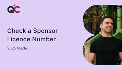 QC Immigration 2025 guide cover on how to check a sponsor licence number featuring smiling man outdoors