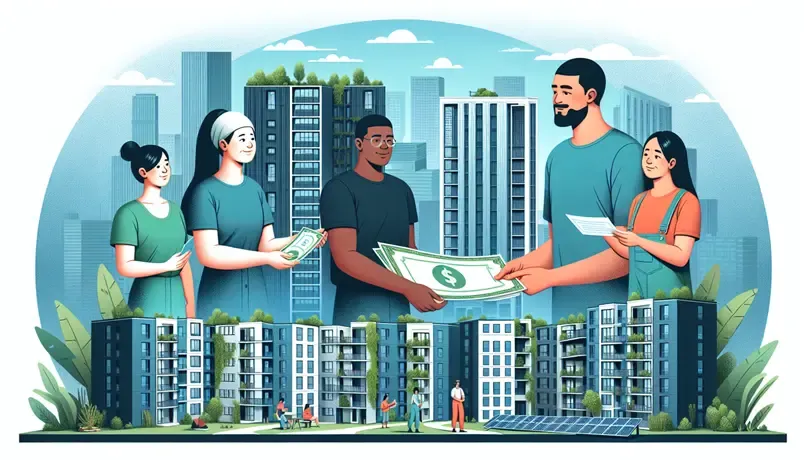 Illustration of people exchanging money and documents in front of apartment buildings, representing community housing and financial transactions