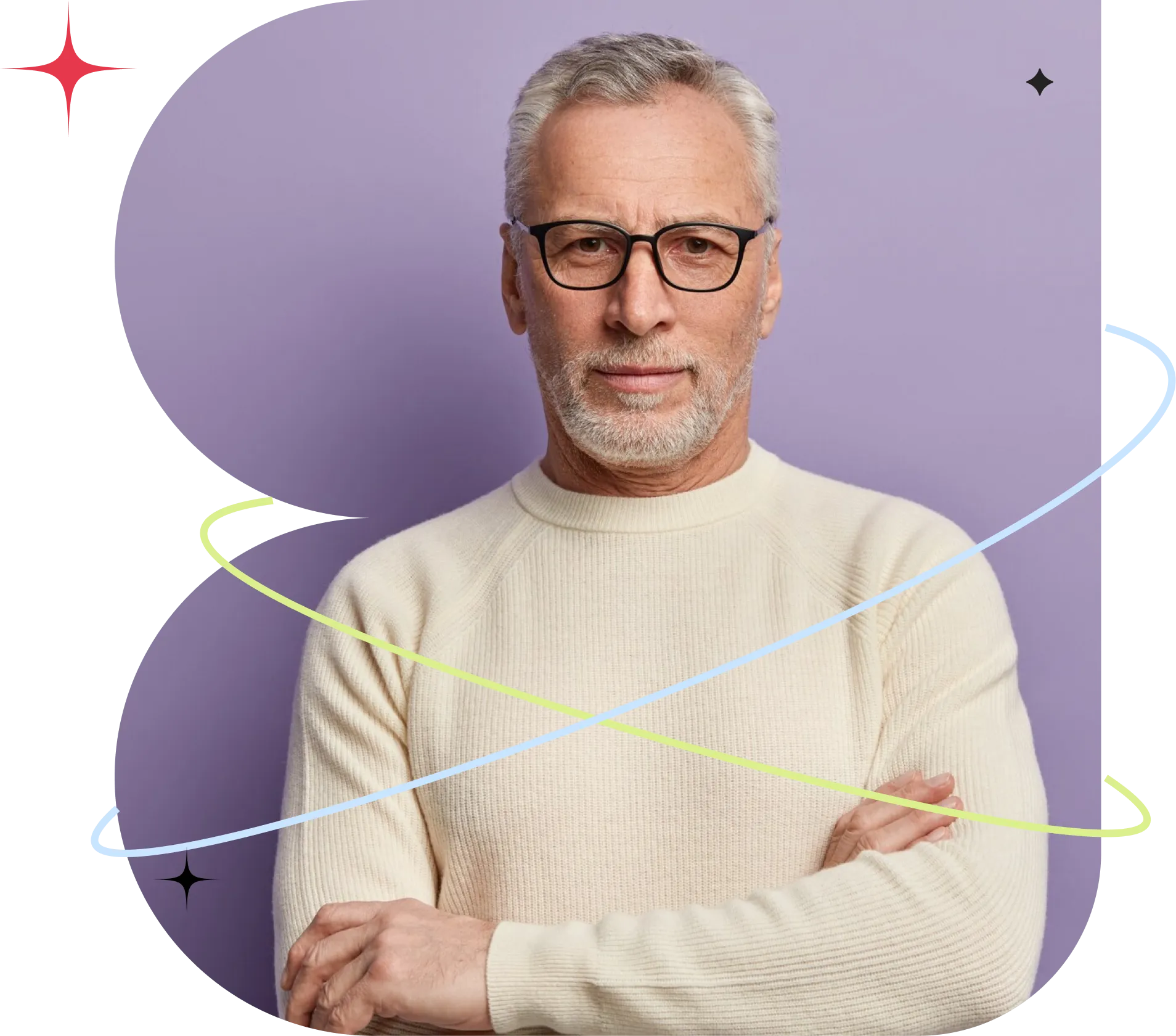 Confident older man with glasses and beard standing with arms crossed against illustrated background
