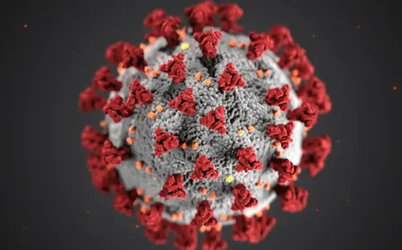 3D rendering of the COVID-19 coronavirus with red spike proteins, associated with the global pandemic and travel restrictions