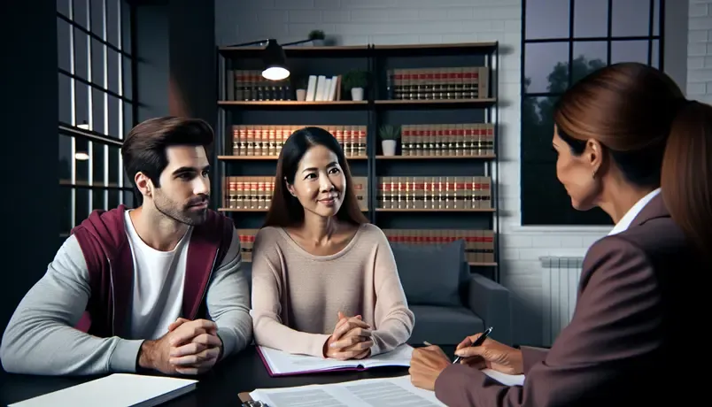 A couple consulting with a lawyer in an office, discussing legal matters with documents and bookshelves in the background