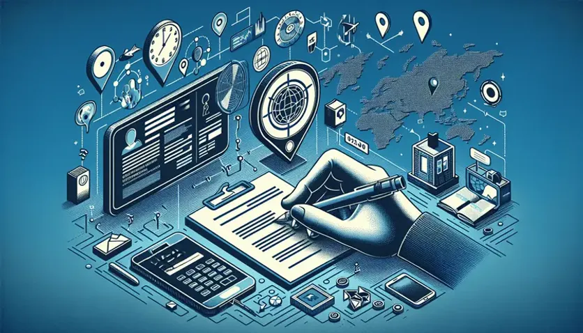 Illustration of a hand writing on a document surrounded by digital icons, maps, and data, representing digital document management and global connectivity