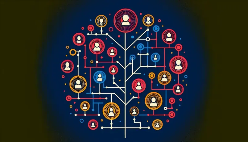 Abstract diagram of a tree representing a digital network with interconnected nodes and profiles, symbolizing social connections and community