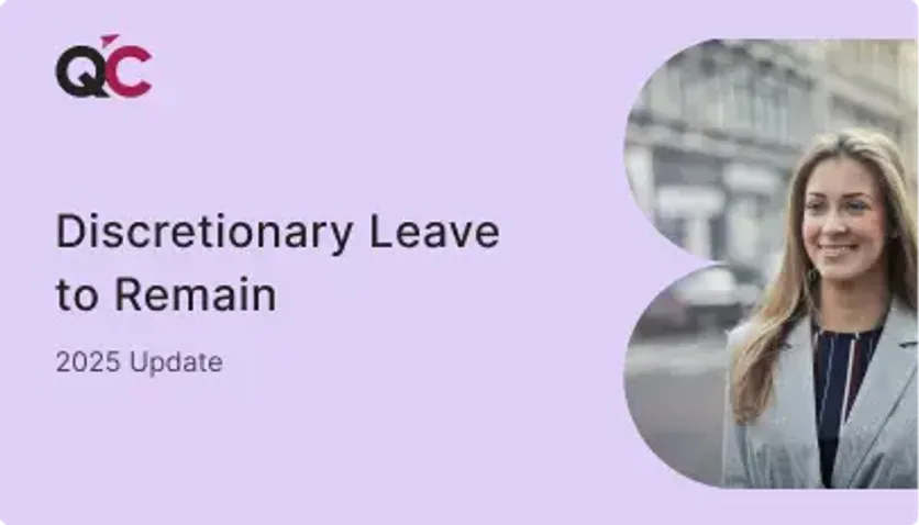 Cover image for 2025 update on Discretionary Leave to Remain by QC Immigration featuring smiling woman in professional attire