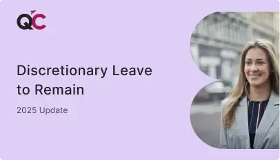 Cover image for 2025 update on Discretionary Leave to Remain by QC Immigration featuring smiling woman in professional attire