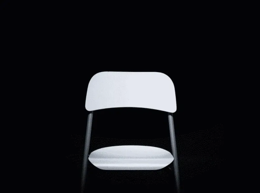 Minimalist image of a white chair against a solid black background