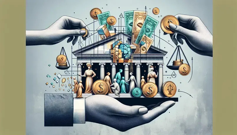 Artistic depiction of a financial institution with hands holding coins, scales, and currency, symbolizing banking and economic stability