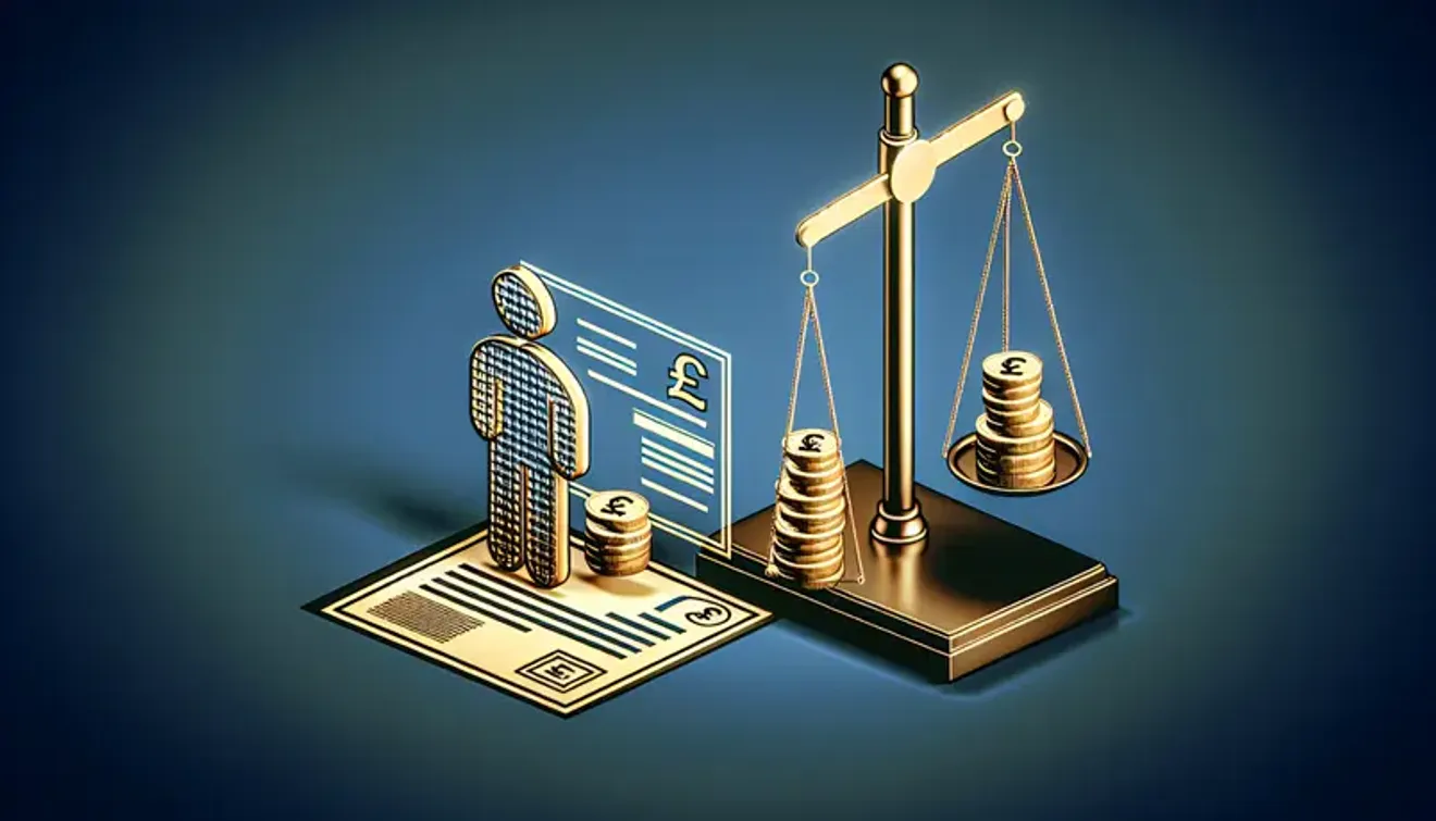 Illustration of scales balancing stacks of coins next to a document and a person icon, symbolizing financial justice and economic balance