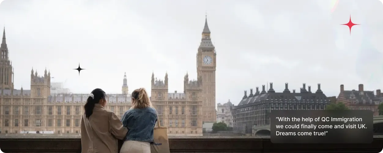 Two women stand at a riverside railing with shopping bags, looking out at Big Ben and the Palace of Westminster on a cloudy day.