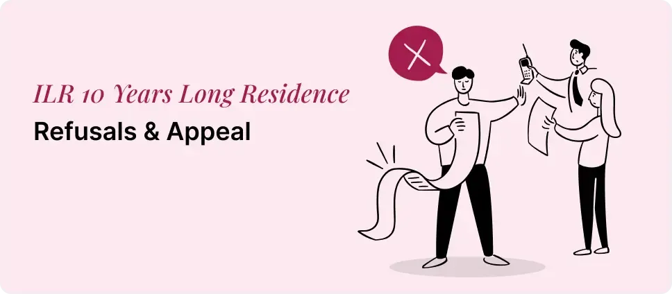 Illustration of ILR 10 Years Long Residence refusal and appeal process, showing individuals reviewing documents and a denial symbol