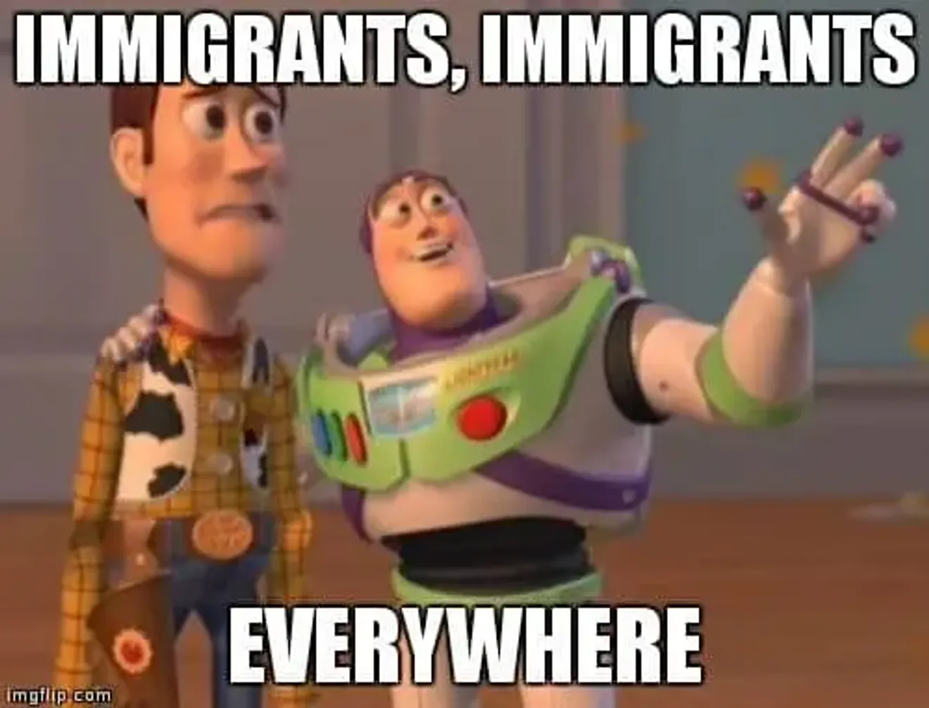 Meme featuring Woody and Buzz Lightyear with caption “Immigrants, Immigrants Everywhere,” conveying widespread immigration awareness