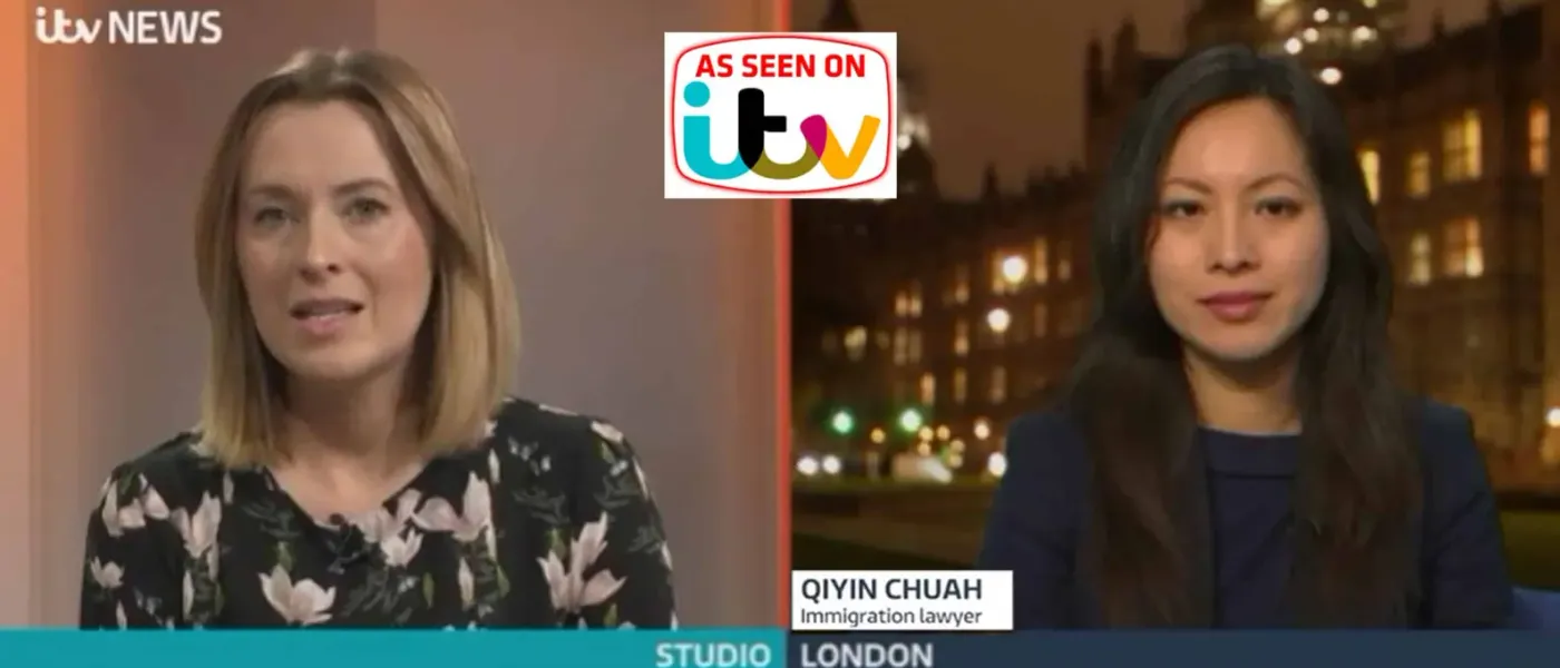 Split-screen ITV News interview featuring UK immigration expert Qiyin Chuah and studio host