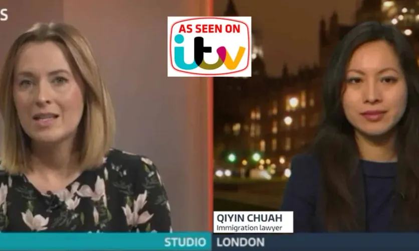 Split-screen ITV News interview featuring UK immigration expert Qiyin Chuah and studio host