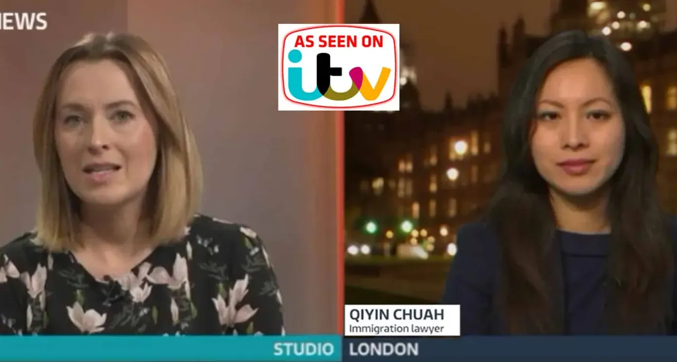 Split-screen ITV News interview featuring UK immigration expert Qiyin Chuah and studio host