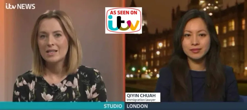 Split-screen ITV News interview featuring UK immigration expert Qiyin Chuah and studio host