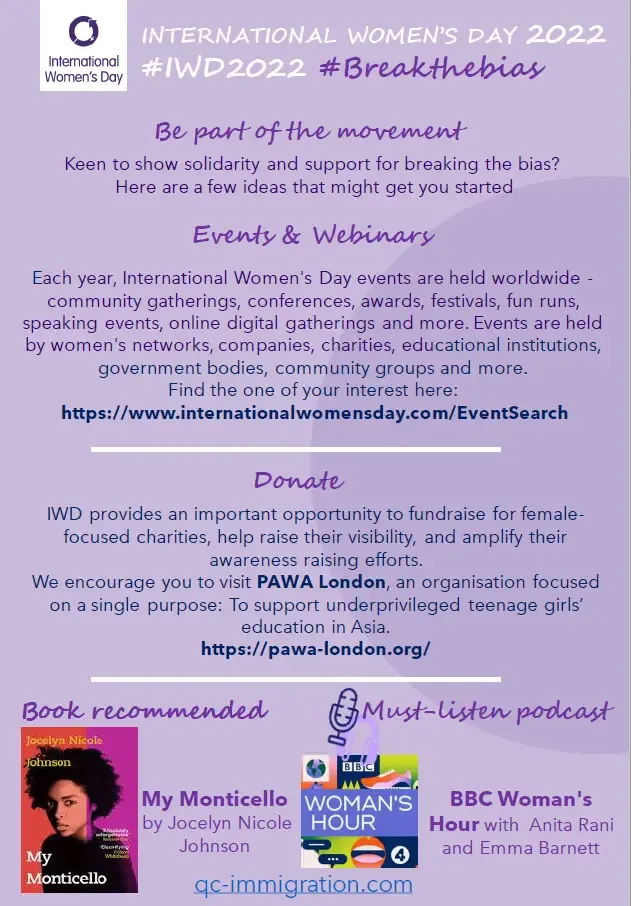 Second IWD 2022 poster inviting participation in global events with quotes and purple-themed branding