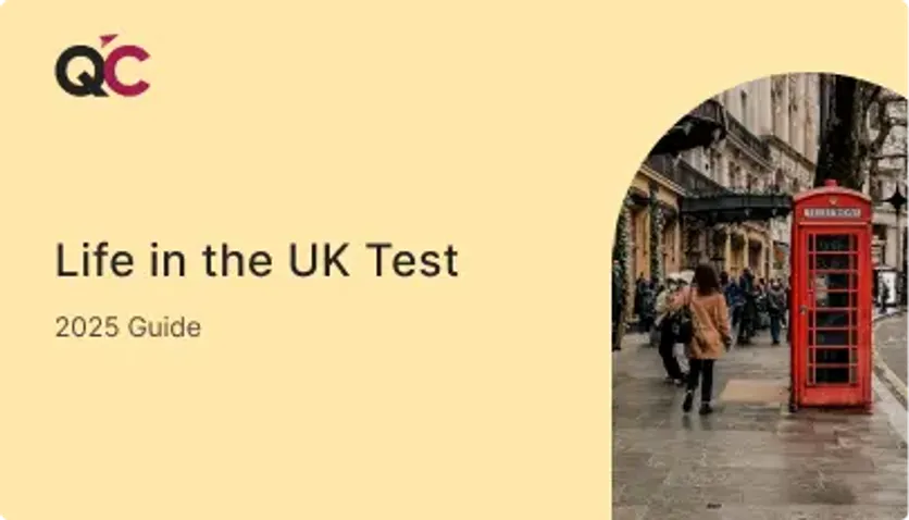 Cover image for QC Immigration's 2025 guide to the Life in the UK Test featuring London street and red phone booth