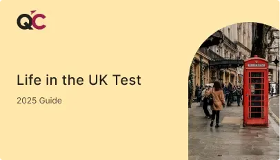 Cover image for QC Immigration's 2025 guide to the Life in the UK Test featuring London street and red phone booth