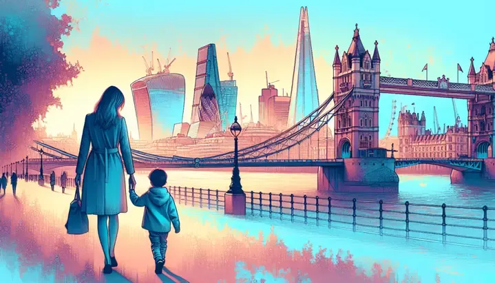 Illustration of a mother and child walking by the Thames with the London skyline and Tower Bridge in the background, depicting family time and city life