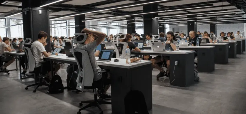 Modern open-plan office with employees working at computer desks