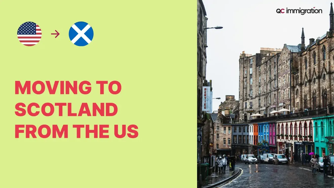Informational graphic showing U.S. to Scotland relocation with Edinburgh city street and text "Moving to Scotland from the US