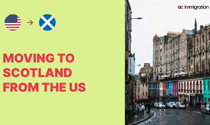 Informational graphic showing U.S. to Scotland relocation with Edinburgh city street and text "Moving to Scotland from the US