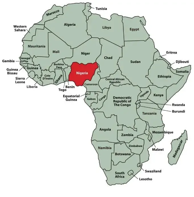 Map of Africa with Nigeria highlighted in red, showing its geographic location and surrounding countries