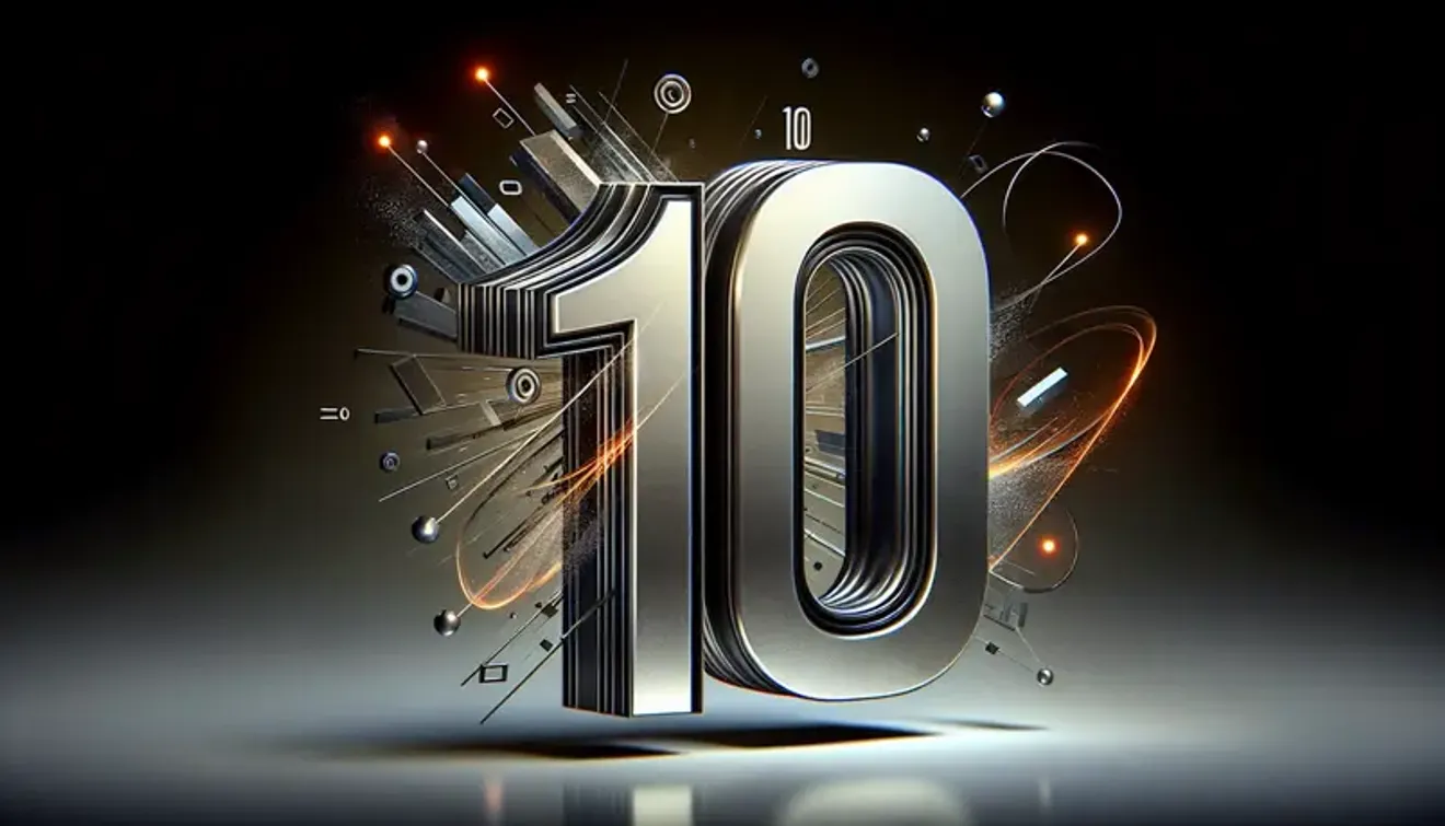 Digital illustration of the number 10 with abstract elements and metallic textures, symbolizing achievement and celebration