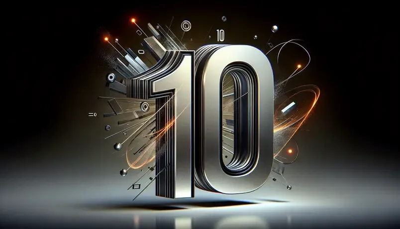 Digital illustration of the number 10 with abstract elements and metallic textures, symbolizing achievement and celebration