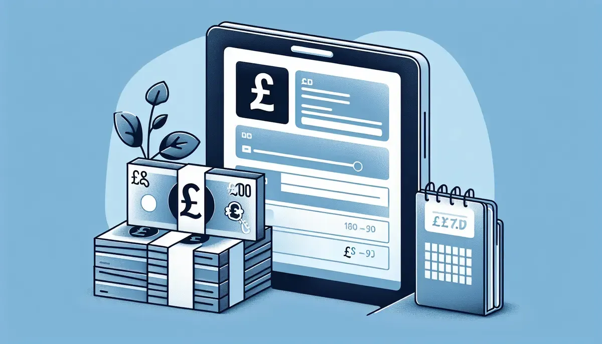 Illustration of a tablet displaying financial information with stacks of cash and a calendar, symbolizing online banking and financial planning