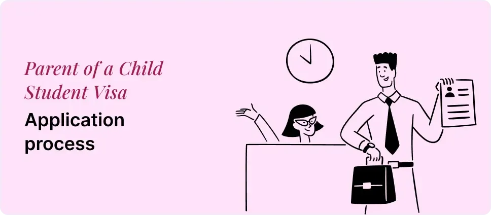 Parent of a Child Student Visa application steps shown with two people and a document