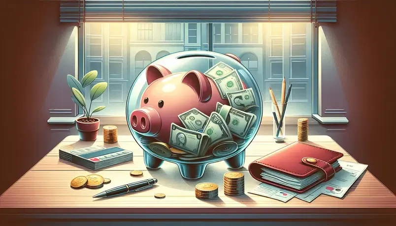 Illustration of a piggy bank filled with cash and coins on a desk with financial documents, symbolizing savings and financial planning