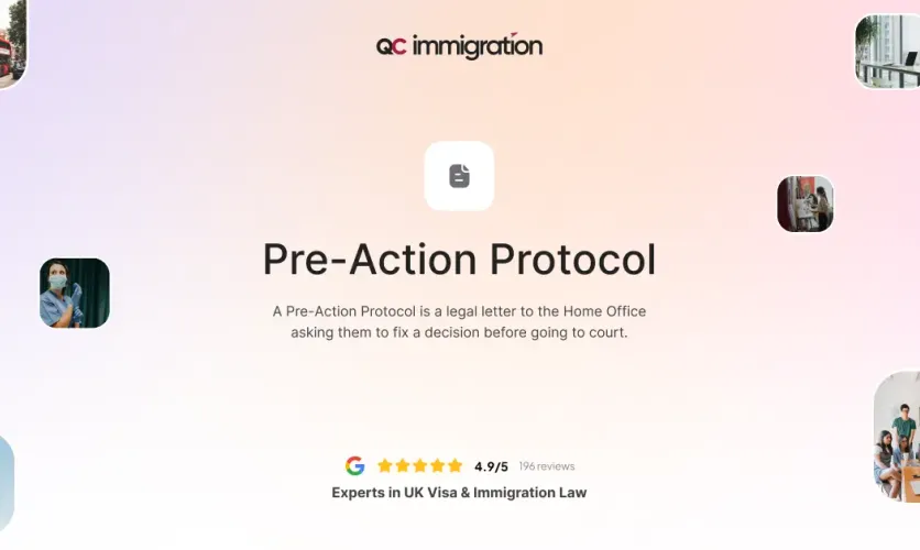 QC Immigration banner describing the Pre-Action Protocol, a formal letter to the UK Home Office requesting visa decision reconsideration before judicial review