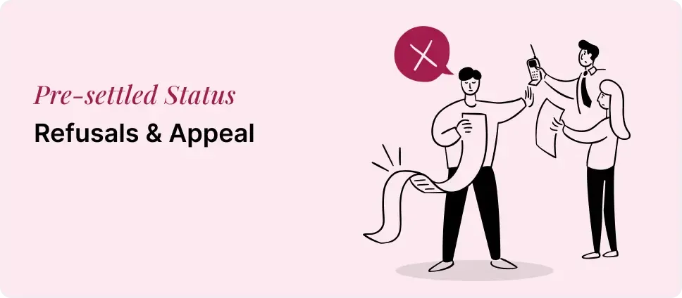 Illustration of Pre-settled Status refusal and appeal process, showing individuals reviewing documents and a denial symbol