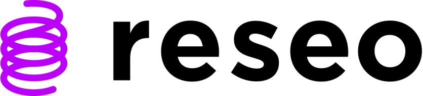 A logo featuring a bold black word "reseo" next to a purple spiral coil icon on the left, set against a transparent checkered background.