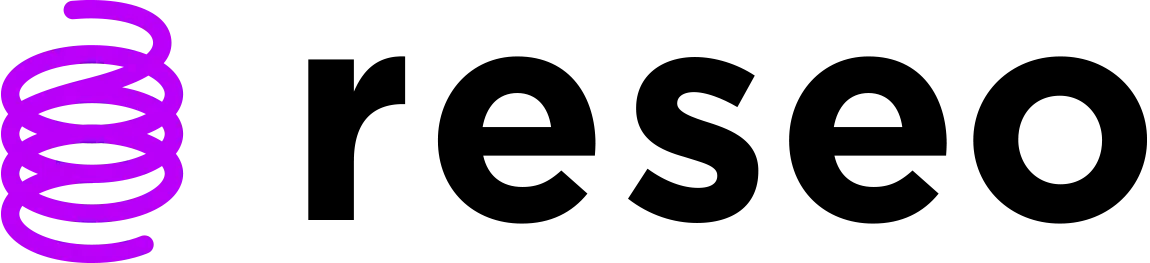 A logo featuring a bold black word "reseo" next to a purple spiral coil icon on the left, set against a transparent checkered background.