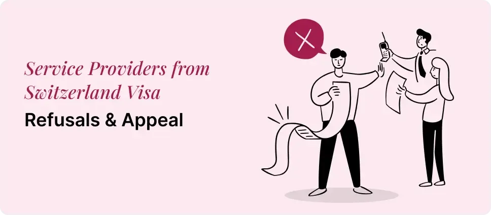 Service providers from Switzerland Visa refusal process, showing individuals reviewing documents and a denial symbol