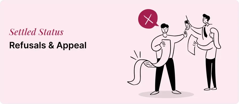 Settled Status refusal and appeal process, showing individuals reviewing documents and a denial symbol