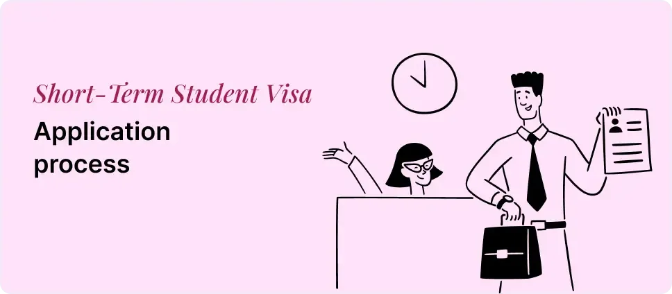 Short-term Student Visa application steps shown with a couple and a document